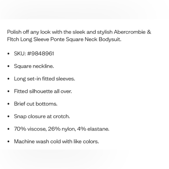 NWOT Abercrombie Long Sleeve Ponte Square Neck Bodysuit - Picture 8 of 8